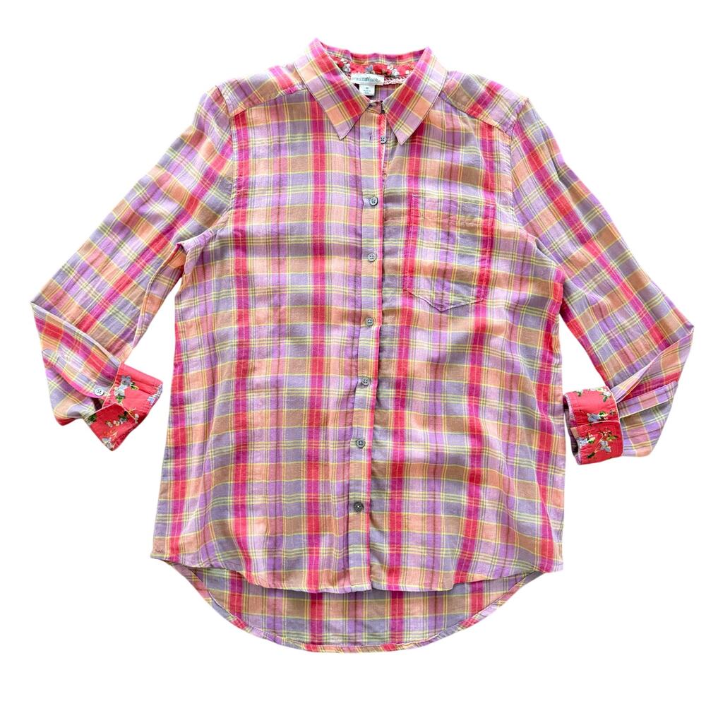 Sundance Catalog Plaid Buttondown Women's Top Shirt Pink Flip Cup M Cotton - Picture 5 of 6